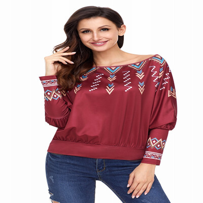 

One-neck bat long-sleeved floral print casual smock