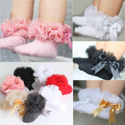 

Baby Girls Kids Princess Bowknot Sock Lace Ruffle Frilly Trim Cotton Ankle Socks