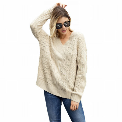 

V-neck long-sleeved pullover ribbed knit sweater