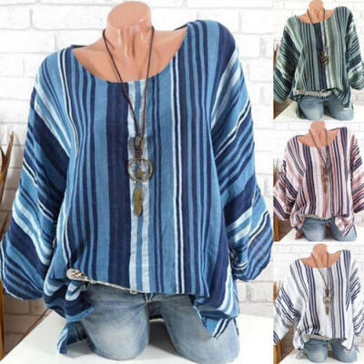 

Fashion Boho Women Casual Summer Long Sleeve Striped Cotton T-Shirt Blouse Tops