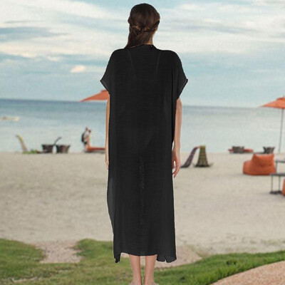 

New Sexy Women Swimwear Cover Up Crochet Knit Deep V-Neck Short Sleeve Side Split Beach Dress