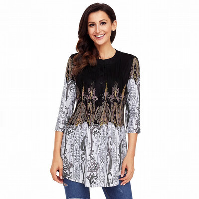 

Round neck cropped sleeve printed single-breasted bohemian straight top