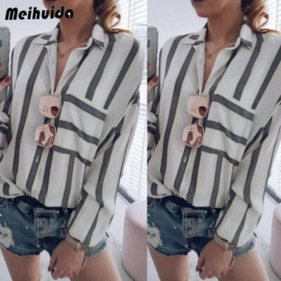 

2018 Fashion Womens Blouses Stripe Causal Tops Long Sleeve Pockets Shirts Clubwear