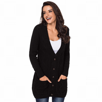 

V-neck single-breasted long-sleeved knit sweater long