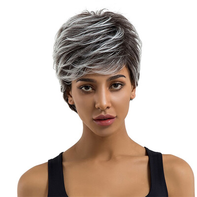 

ELEMENT Synthetic Hair Dark Roots Ombre Grey Wig 6 Inch Short Straight with Bangs Two Tone Heat Resistant Wig for Black Women