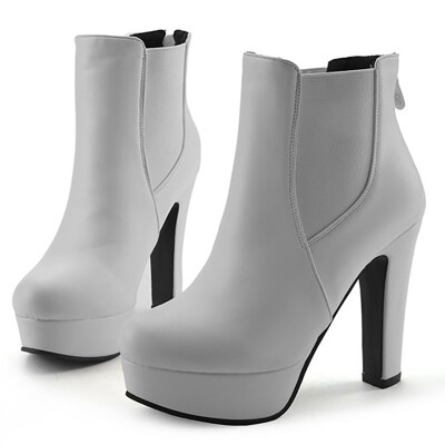 

IDIFU Womens Elegant Round Toe Elastic Back Zipper Platform Booties Chunky High Heel Ankle Boots