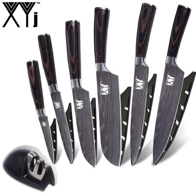 

XYj Kitchen Knife Imitation Damascus Pattern BladeStainless Steel Knife And MINI Knife Sharpener 7 Piece Set Kitchen Tools