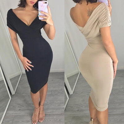 

Womens Off Shoulder Long Sleeve Frill Ruffle Bardot Midi Bodycon Dress Size 6-14