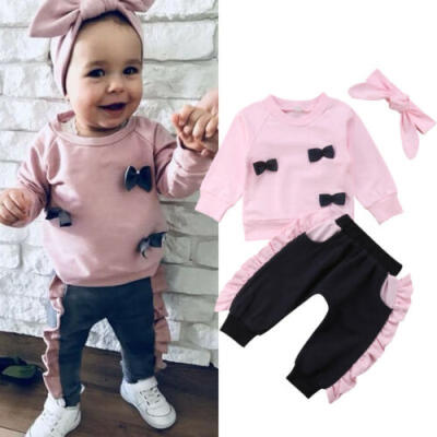 

Fashion Kids Baby Girl Pink Bow Tops Sweatshirt Ruffle Pants 3Pcs Outfit Clothes