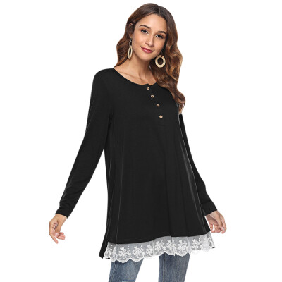 

Round Collar Long Sleeve Button Spliced Lace Women T-shirt