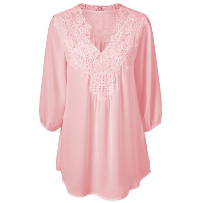 

Women\s Chiffon Blouse Lace Patchwork V-neck Seven-point Sleeve Blouse
