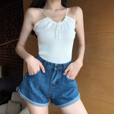 

Women Sexy V Neck Drawstring Bow Sleeveless Slim Solid Color Camisole Knit Vest