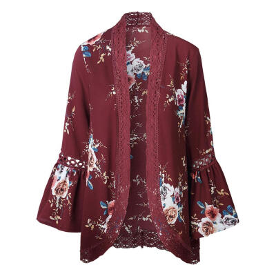 

Women Fashion Flare Sleeve Floral Print Loose Cardigan Cover Up Blouse Tops