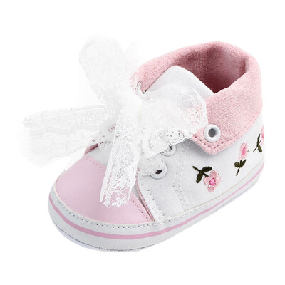 

Newborn Baby Girls Toddler Flower Lace Canvas First Walkers Soft Sole Shoes