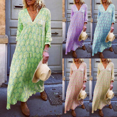 

Women Boho Floral V Neck Long Sleeve Long Maxi Casual Cocktail Party Beach Dress
