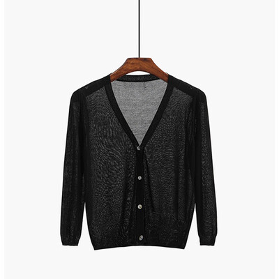

Womens Three Quarter Sleeve V-Neck Thin Blouse Sun Protection Button Up Knitted Cardigan