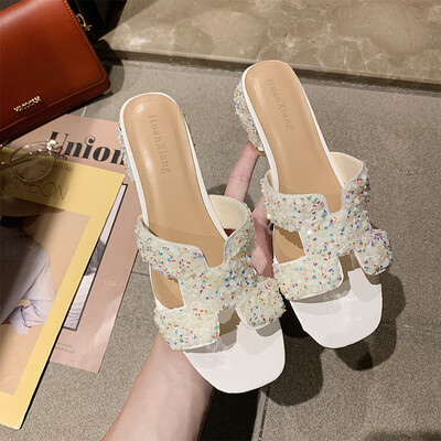 

2019 new summer thick heel net red slippers women wear rhinestone white H slippers high heel fashion Joker H sandals