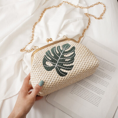 

Qiao Bani 2019 new Korean fashion Harajuku wind embroidered line hit color straw bag clip mouth single shoulder diagonal handbag