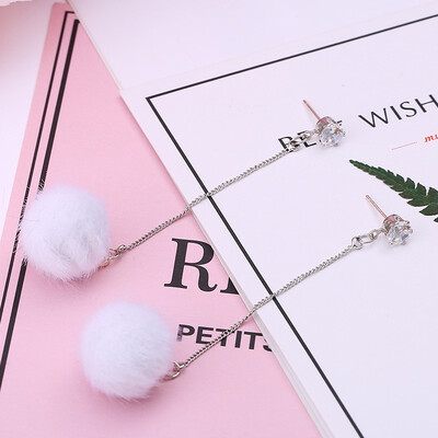 

S925 silver needle temperament ear jewelry mink fur ball long paragraph earrings fashion girl earrings