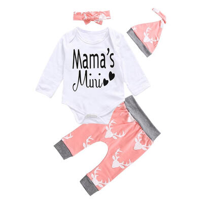 

Baby Letters Print 4pcs Clothing Set Rompers Pants Hat Headband Outfits
