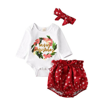 

Newborn Baby Girl Christmas Outfit Romper Bodysuit Shorts Headband Clothes