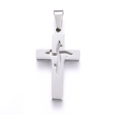 

304 Stainless Steel Pendants with Hollow Cross Stainless Steel Color 29x17x22mm Hole 8x4mm