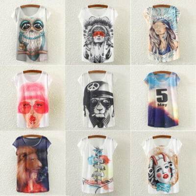 

Womens Ladies T Shirt Animals Printed Loose Tops Short Sleeve Blouse Summer