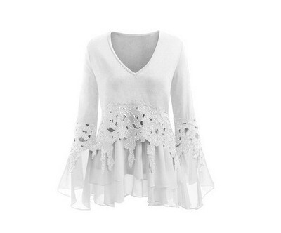 

Women New Fashion Chiffon Lace Stitching Blouse Plus Size Long Sleeve Shirt Dress V Neck Loose T Shirt