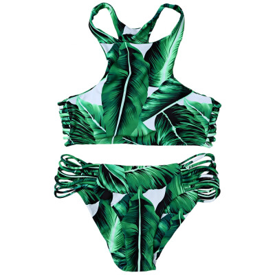 

High Neck Leaf Print Racerback String Bikini Set