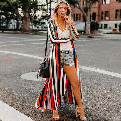 

New Summer Women Long Chiffon Kimono Striped Print Long Sleeve Cardigan Boho Bikini Cover Up