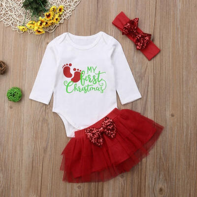 

3Pcs Casual Newborn Baby Girl Xmas Outfit Clothes Top RomperTutu Dress Skirts Set