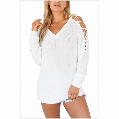 

V-neck long-sleeved lace shoulder loose knit sweater casual pullover top