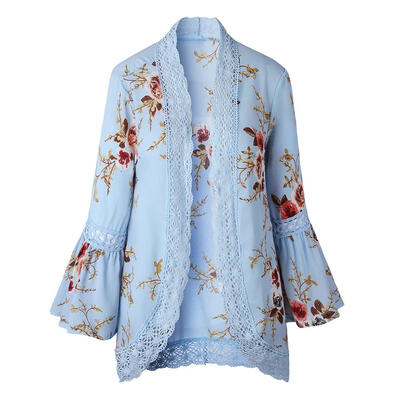 

Women Fashion Flare Sleeve Floral Print Loose Cardigan Cover Up Blouse Tops