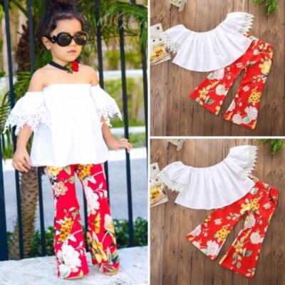 

2Pcs Floral Kids Baby Girl Lace Off Shoulder Top Bell-bottoms Pants Outfits 1-6T