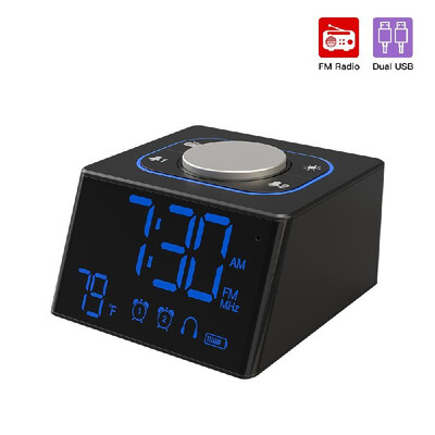 

FM Radio Alarm Clock Thermometer LED Digital Display 2 USB Charging Port Mini Snooze Table Clock