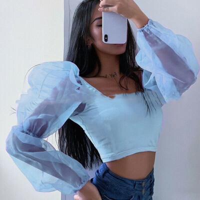 

Starmoon Women Fashion O-Neck Tank Perspective Puff Sleeve Short Tops Blouse