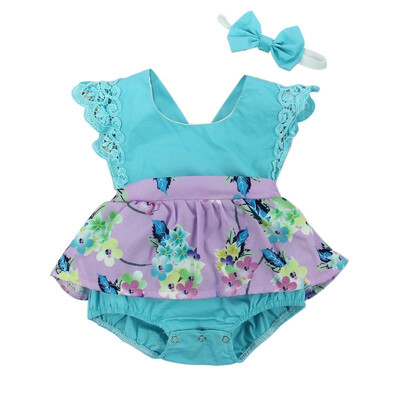 

spliced design baby Printed Floral sleeveless PP short pants jumpsuit Rompers Bowknot Head Band newborn girls 0-24M