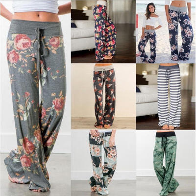 

Womens Floral Pants Summer Beach Wide Leg Palazzo Yoga Loose Trousers Plus Size