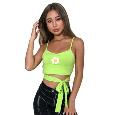 

Sexy Daisy Print Lace Up Top Ladies Summer Solid Color Exposure Navel Camisole