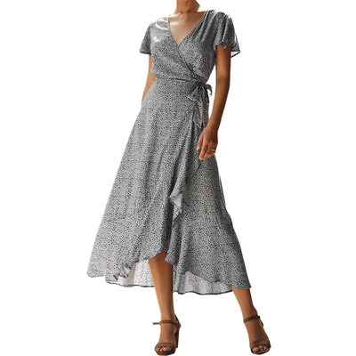 

Summer Print Dress Womens Solid Color V-neck Short-sleeved Ruffle Dress