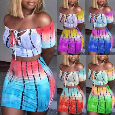 

Women Sexy 2 Piece Bodycon Two Piece Crop Top&Skirt Set Lace Up Dress Party