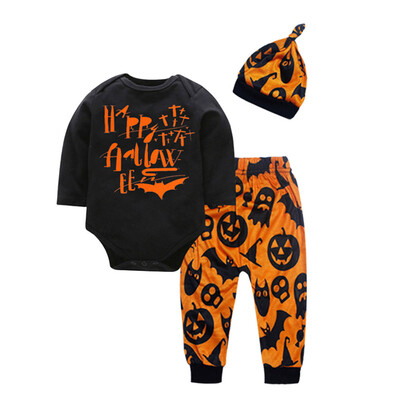 

Toddler Baby Boy Girl Pumpkin Print Top Blouse Pants Cap Halloween Outfits Set