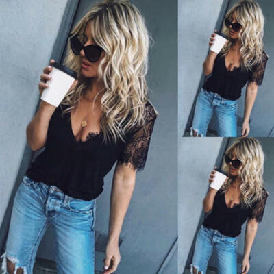 

Womens Sexy V neckline Lace T-shirt Summer Ladies Loose Blouse Tops Shirt Tee