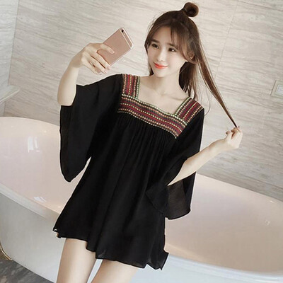 

Women Square Neck Embroidery Top Flare Sleeve Loose Blouse&Tops