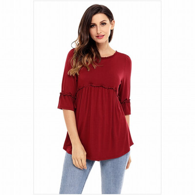 

Solid color round neck seven-sleeve back zip comfort shirt casual slim shirt