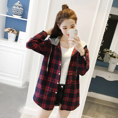 

Women Vintage Plaid Print Hooded Shirt Loose Single-breasted Cotton Long Sleeve Sun Protection Blouse Korean Hooded Long Slee