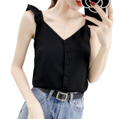 

Summer Fashion Women Solid Ruffles Chiffon Button Down Tank Top Sleeveless Shirt Tunic Casual Blouse