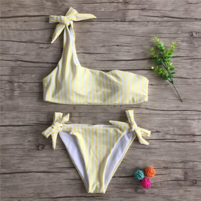 

2pcs Women Summer Swimwear Bikini Set Push-up Padded Stripe Beachwear Swimsuit