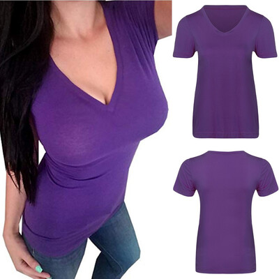 

Nomeni Women Fashion Sexy Short Sleeve O-Neck Pure Color Blouse Casual T-Shirt Tops
