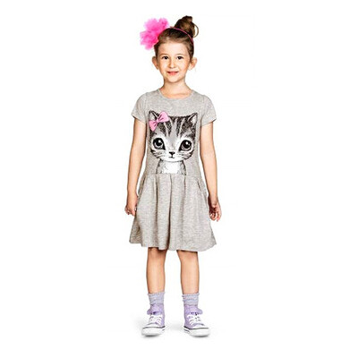 

Girls Bow Children Cotton Cat Print Dress